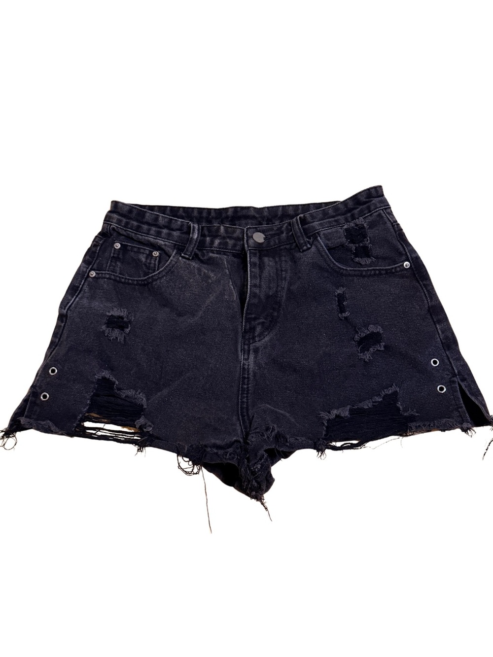 SHEIN Black Distressed High-Waist Ripped Denim Shorts